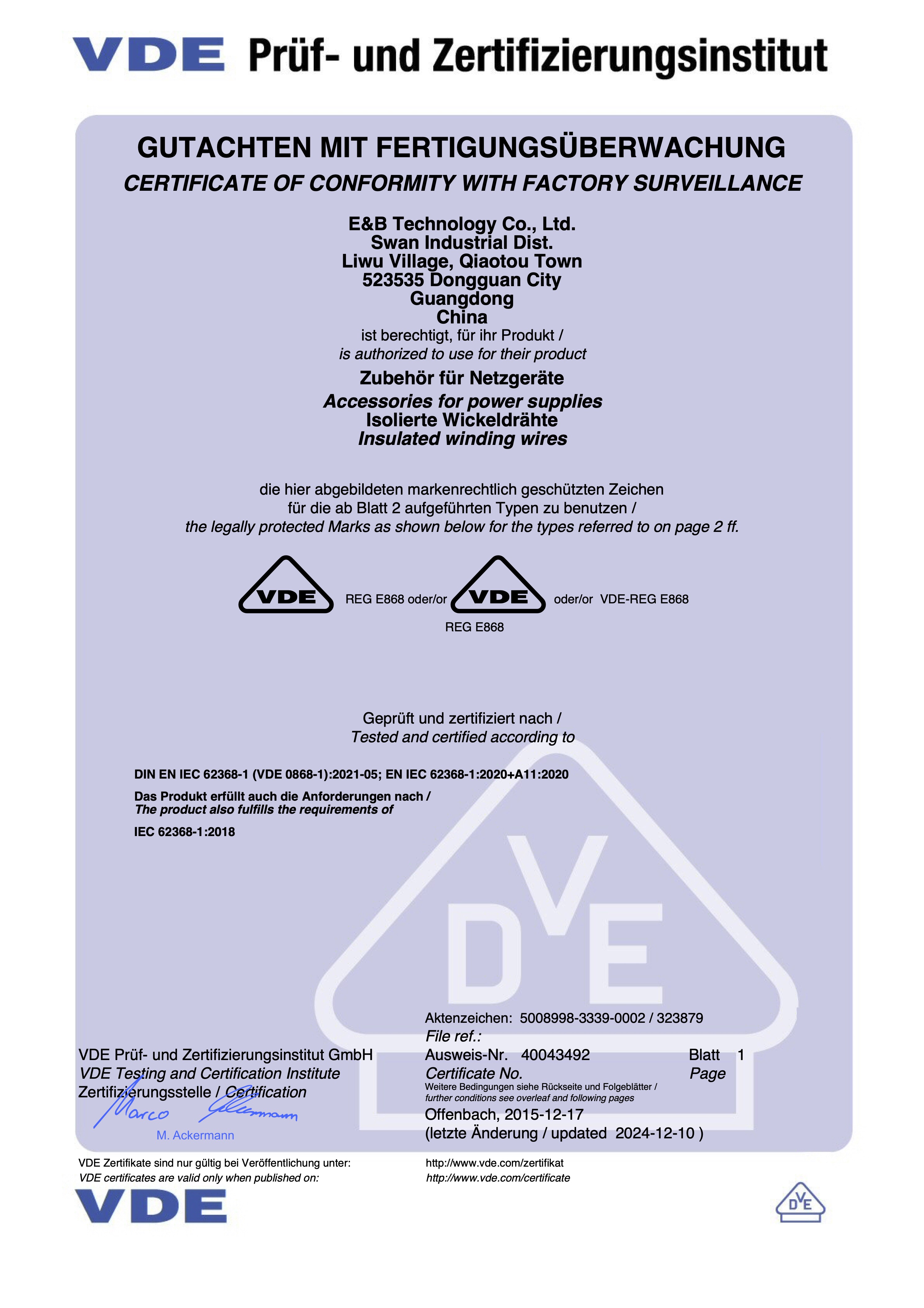 VDE Certificate No.40043492